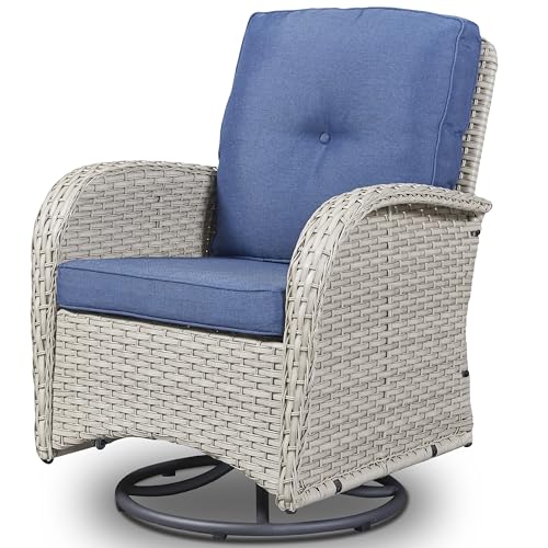 Patio Wicker Chairs Swivel Rocker – Outdoor Swivel Rocking Chairs Set of 2 with Rattan Side Table, Patio Swivel Glider Chair 3 Piece Patio Furniture Sets for Deck Porch Pool Brown/Blue - Image 2