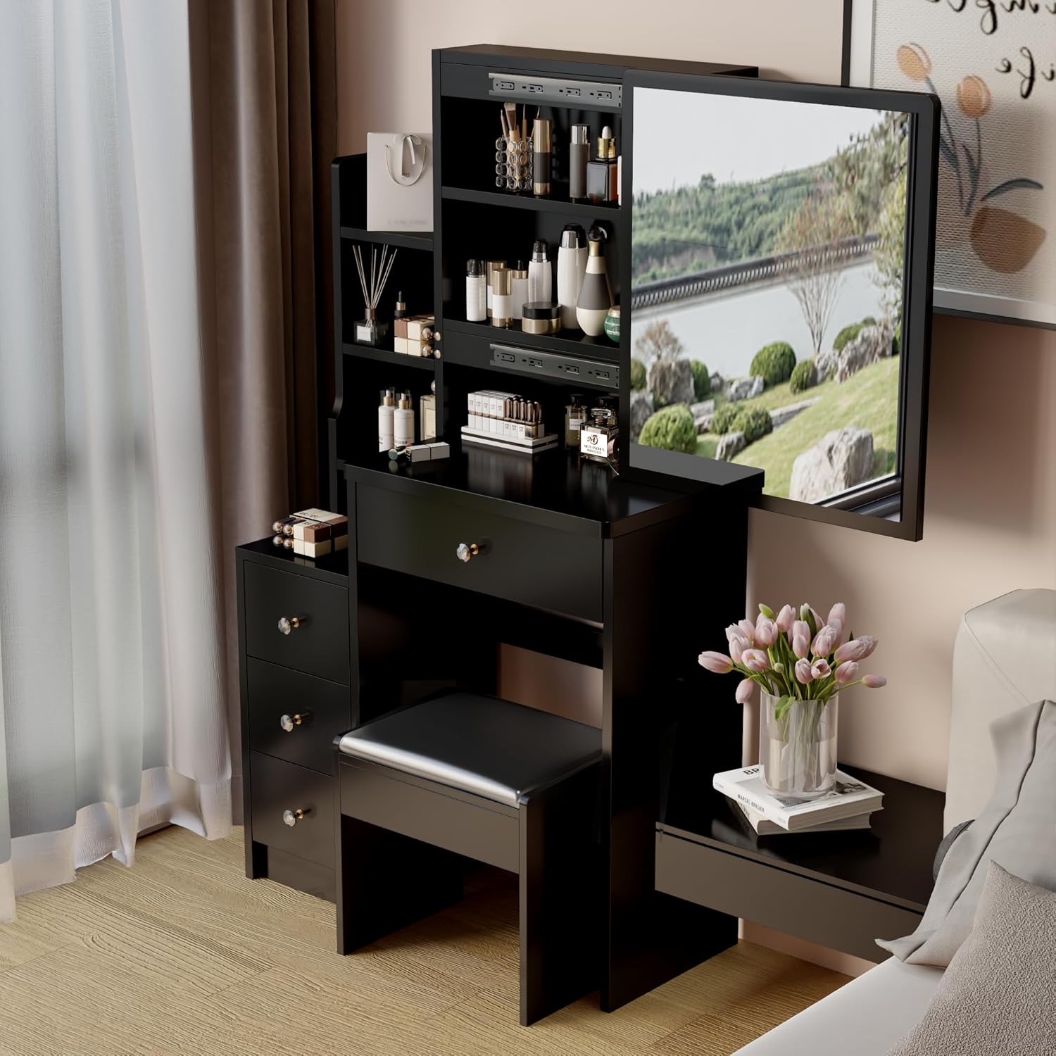 CIATRE Small Space Left Bedside Cabinet Vanity Table + Cushioned Stool, Extra Large Right sliding mirror, Multi Layer High Capacity Storage, Practical Fashionable Dresser, Black - Image 5