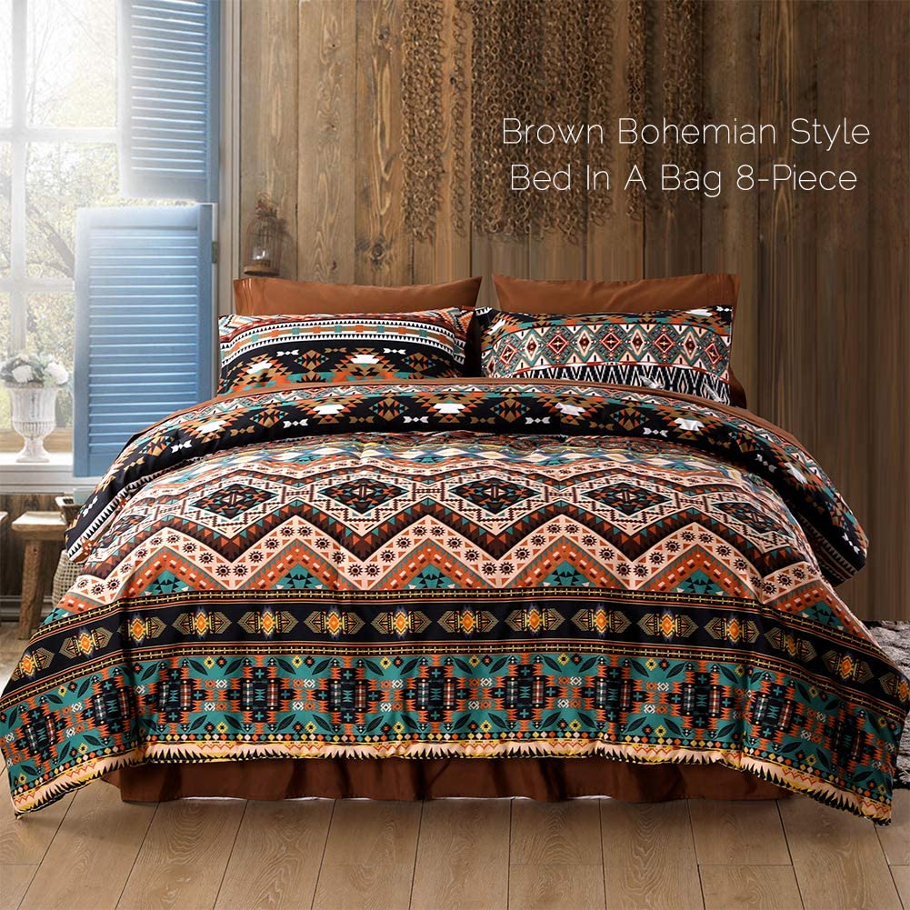 SexyTown Boho Comforter Set Queen Bed in A Bag 8 Piece Deep Pocket with Bed Skirt,Bohemian Tribal Southwestern Bedding Down Comforter(1 Comforter,4 Pillow Cases,Flat Sheet,Fitted Sheet,1 Bed Skirt) - Image 3