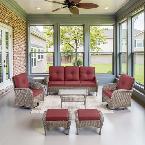 Patio Wicker Chairs Swivel Rocker – Outdoor Swivel Rocking Chairs Set of 2 with Rattan Side Table, Patio Swivel Glider Chair 3 Piece Patio Furniture Sets for Deck Porch Pool Brown/Blue - Image 47