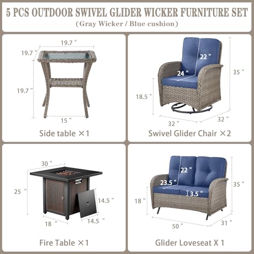 Patio Wicker Chairs Swivel Rocker – Outdoor Swivel Rocking Chairs Set of 2 with Rattan Side Table, Patio Swivel Glider Chair 3 Piece Patio Furniture Sets for Deck Porch Pool Brown/Blue - Image 129