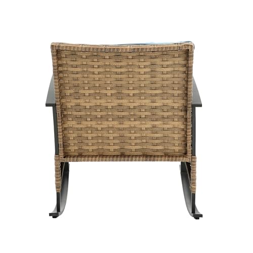 Outdoor Wicker Rocking Chairs Patio – 3 Pieces Patio Furniture Rattan Rocker Chairs Wicker Rocking Bistro Set with Cushions and Side Table for Garden Patio Yard Porch Lawn Balcony (Blue) - Image 8