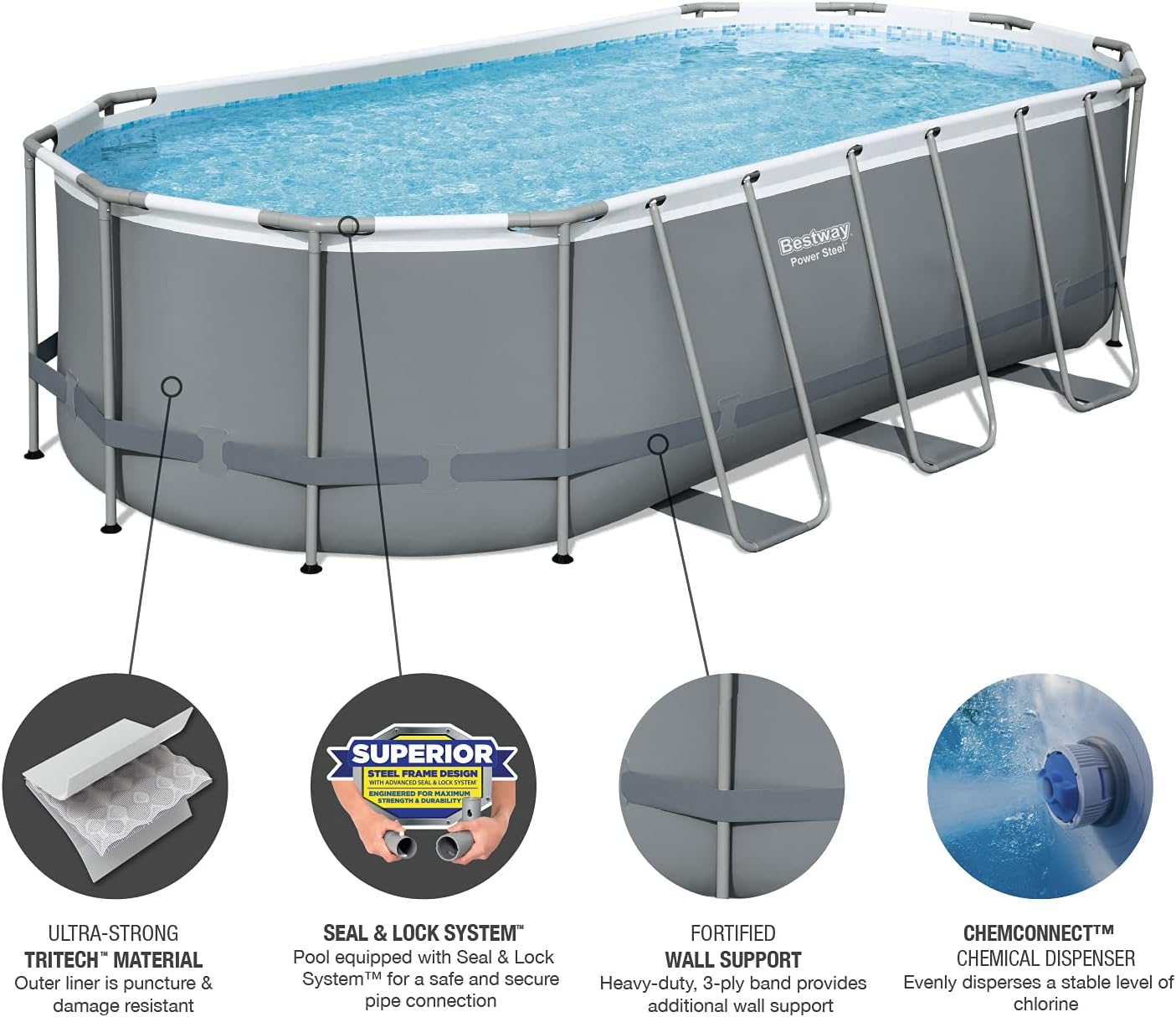 Bestway 56655E Power Steel 16ft x 10ft x 42in Outdoor Oval Frame Above Ground Swimming Pool Set with 1000 GPH Cartridge Filter Pump, Ladder, and Cover - Image 20