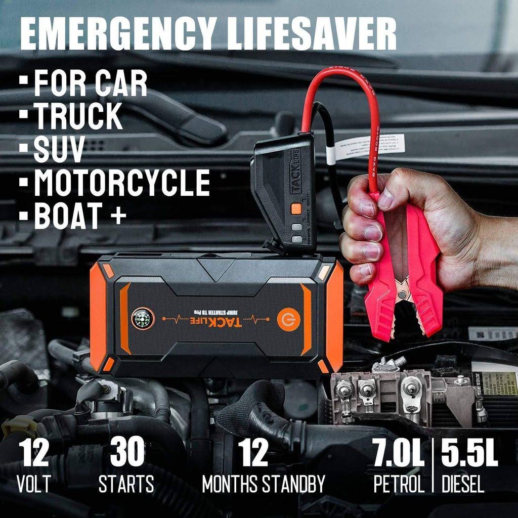 Tacklife T8 Pro 1200A Peak 18000mAh Water-Resistant Car Jump Starter with LCD Screen, Orange - Image 2