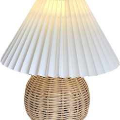 Table Lamp Rattan Pleated Aesthetic Vintage Lamp Bedside Nightstand Mini Lamp for Bedroom Living Room Side Table