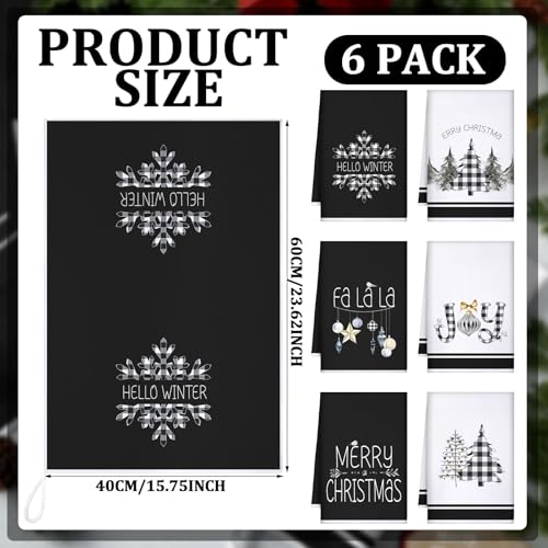 Geyoga 6 Pcs Merry Christmas Kitchen Towels Buffalo Plaid Xmas Tree Dish Towels Hand Towel Tea Towel Absorbent Soft Drying Cloth for Holiday Housewarming Gifts, 16×24 Inch(Gray White) - Image 4