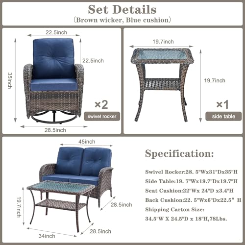 Patio Wicker Chairs Swivel Rocker – Outdoor Swivel Rocking Chairs Set of 2 with Rattan Side Table, Patio Swivel Glider Chair 3 Piece Patio Furniture Sets for Deck Porch Pool Brown/Blue - Image 145