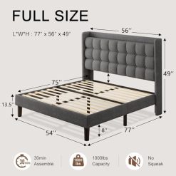 Alternative view of Queen Bed Frame, Upholstered Platform Bed with Charging Station, Modern Wingback Storage Headboard, Solid Wood Slats Support, No Box Spring Needed, Dark Gray