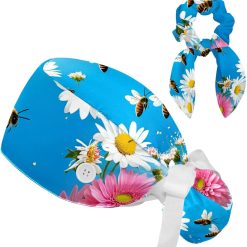 Scrub Surgical Hat,Cycling Hat with Buttons and Cotton Sweatband,Peach Blossom Spring Butterfly