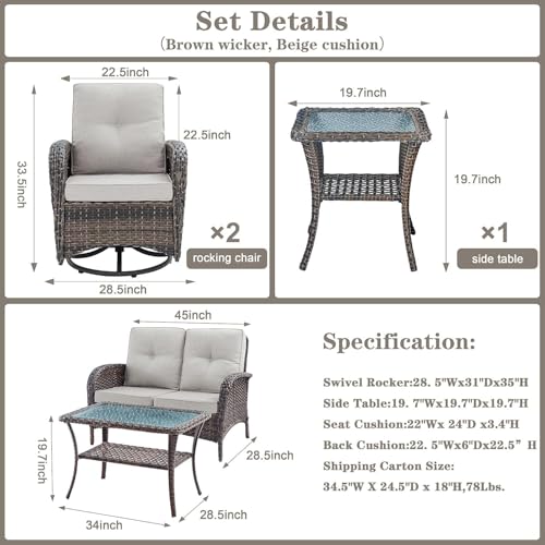 Patio Wicker Chairs Swivel Rocker – Outdoor Swivel Rocking Chairs Set of 2 with Rattan Side Table, Patio Swivel Glider Chair 3 Piece Patio Furniture Sets for Deck Porch Pool Brown/Blue - Image 76