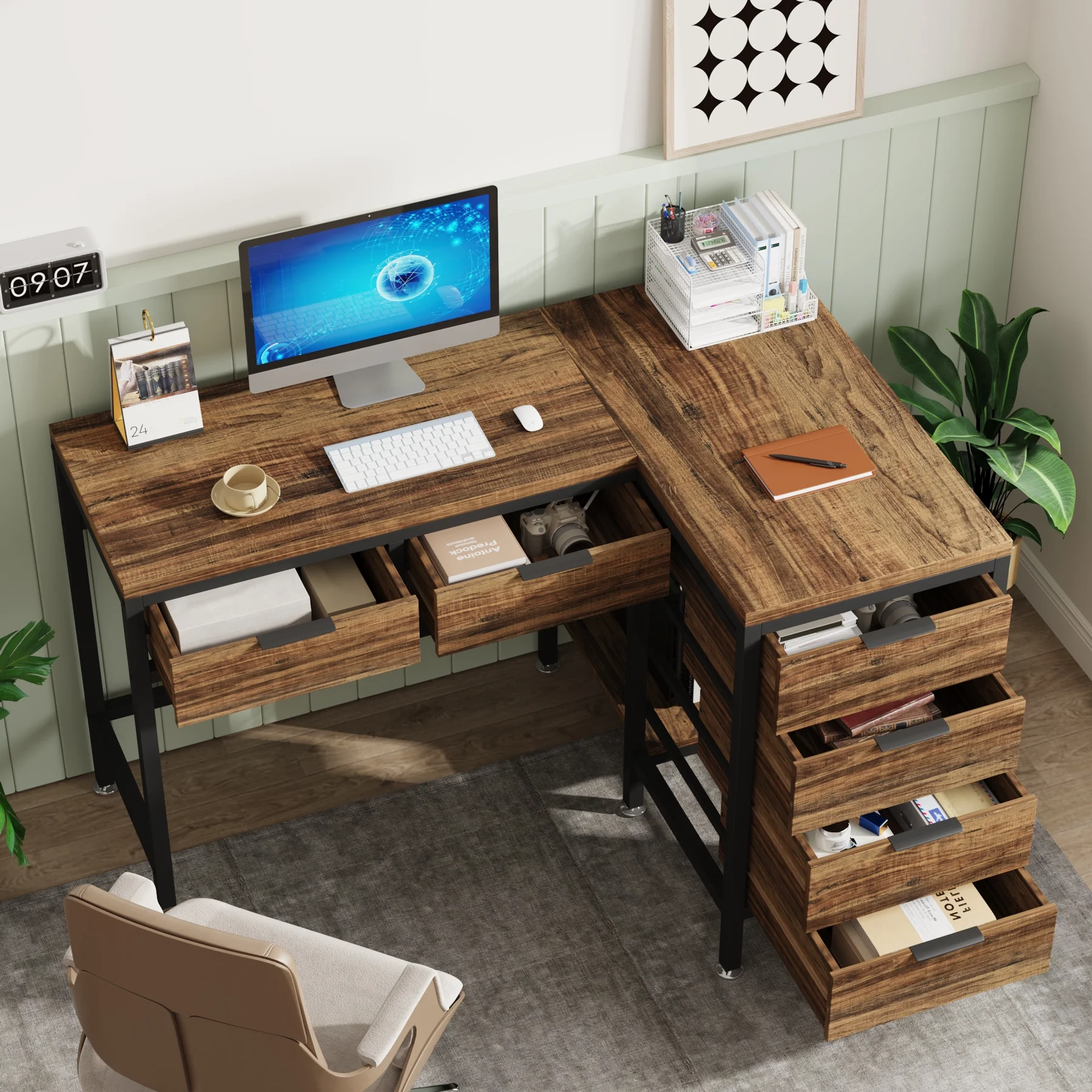 Tribesigns L-Shaped Desk with 6 Drawers, 47 in. Computer Corner Desk with CPU Storage Stand, Home Office Writing Desk Space-Saving Workstation Table - Image 5