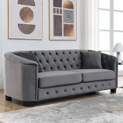 Alternative view of 77-Inch Modern Chesterfield Velvet Sofa, 3-Seater Sofa, Upholstered Tufted Backrests with Nailhead Arms and 2 Cushions for Living Room, Bedroom, Apartment, Office (Grey)
