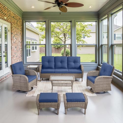 Patio Wicker Chairs Swivel Rocker – Outdoor Swivel Rocking Chairs Set of 2 with Rattan Side Table, Patio Swivel Glider Chair 3 Piece Patio Furniture Sets for Deck Porch Pool Brown/Blue - Image 192