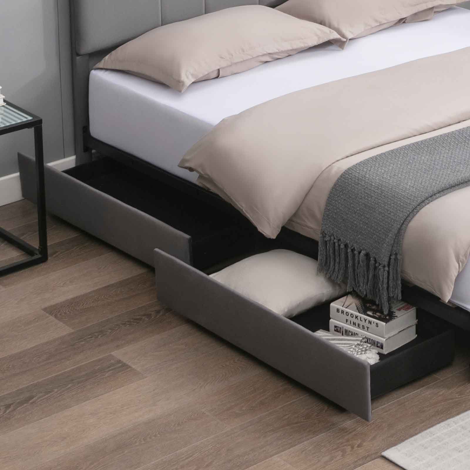 CECER King Size Bed Frame with 4 Storage Drawers, Platform Bed Frame Velvet Upholstered Adjustable Headboard, Solid Metal & Wood Frame Easy Assembly Dark Grey - Image 4