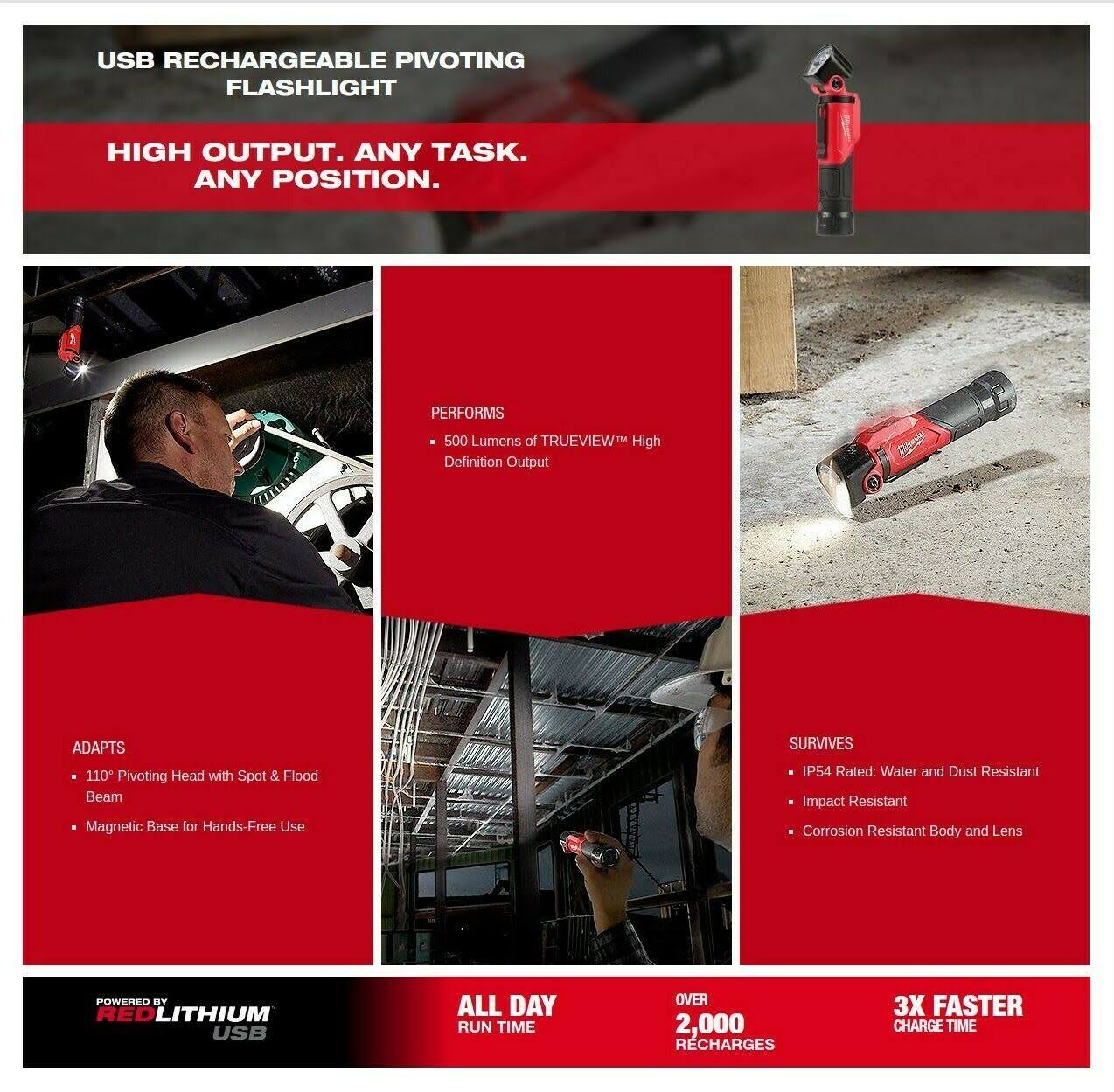Milwaukee 2113-21 500 Lumens LED Pivoting Rechargeable Flashlight - Image 9