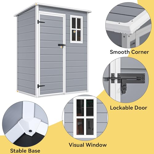 DWVO 5x3ft Resin Outdoor Storage Shed with Floor, Waterproof Lockable Storage Shed with Window, Plastic Outside Tool Storage for Garden, Backyard, Patio, Lawn, Gray - Image 38