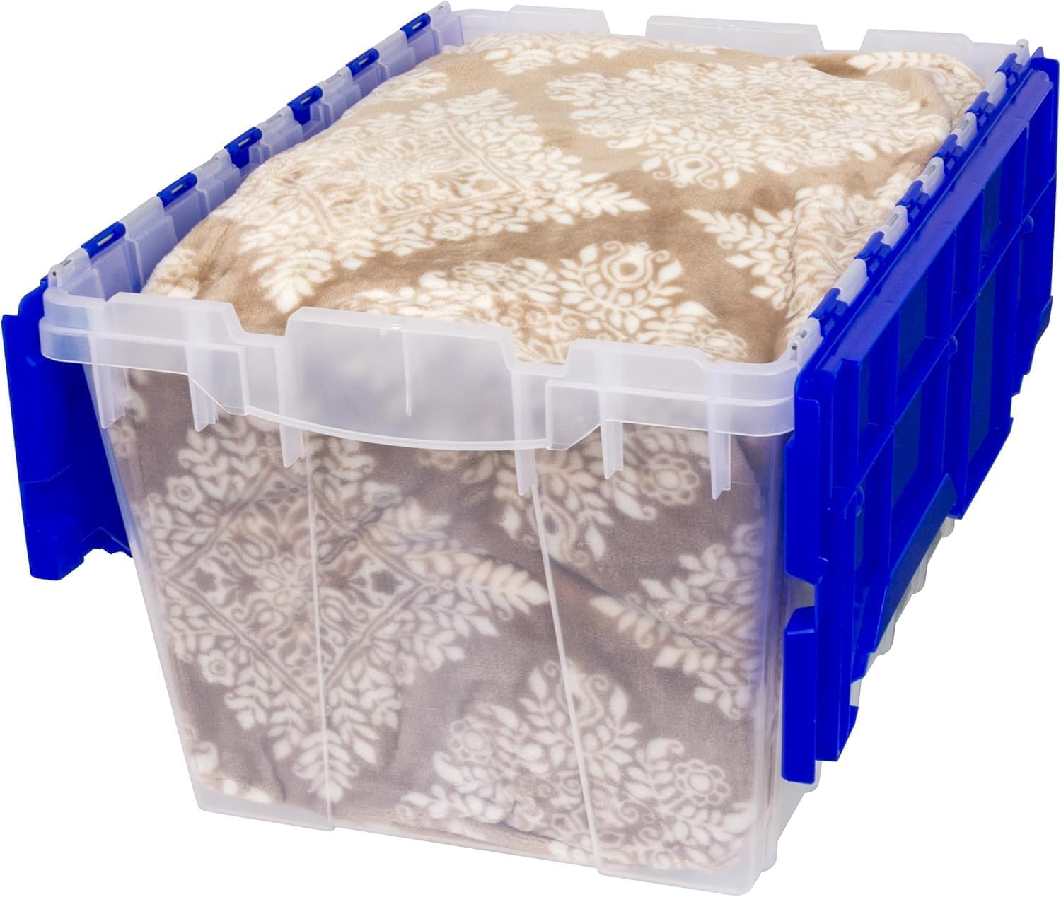 Akro-Mils KeepBox 12 Gallon Storage Container, Nesting and Stackable Plastic Storage Box with Lid Attached, Clear Tote for Garages, Closets, and Moving, 21-1/2 x 15 x 12-1/2, Clear/Blue, 6-Pack - Image 10