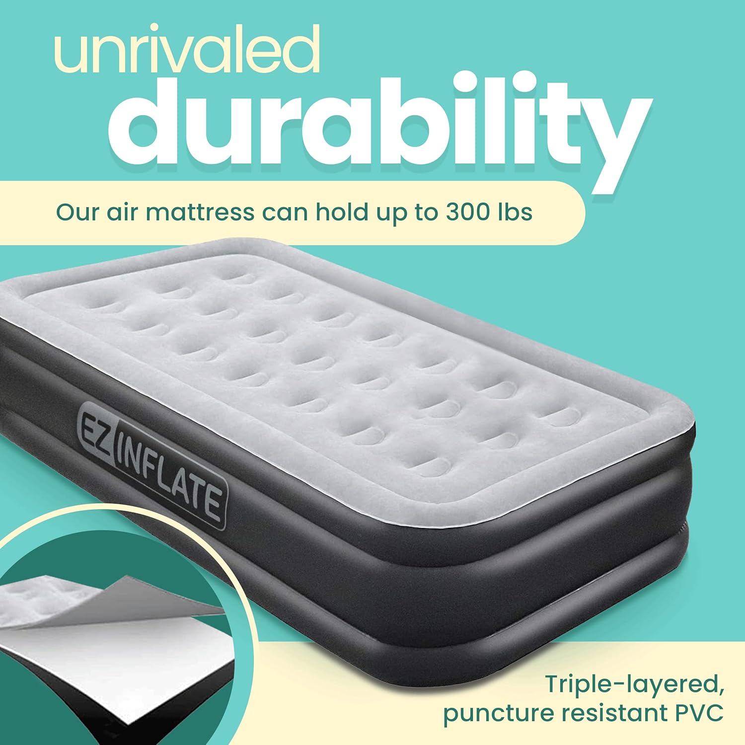 EZ Inflate Air Mattress with Built in Pump – Twin Size Double-High Inflatable Mattress with Flocked Top – Easy Inflate, Waterproof, Portable Blow Up Bed for Camping & Travel - Image 3