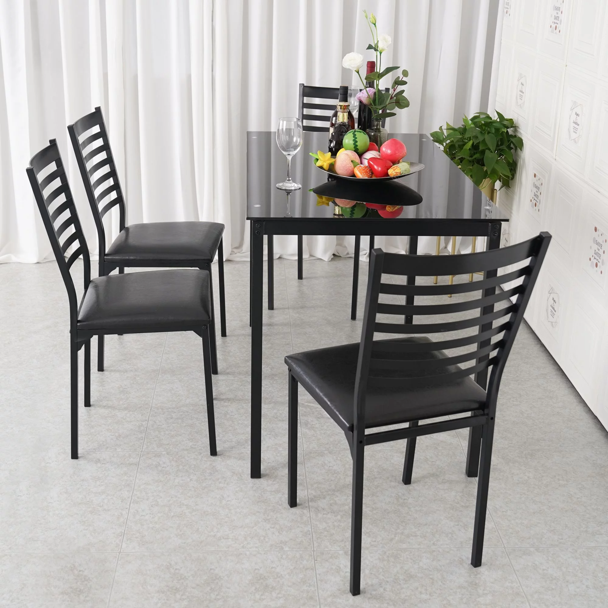 5 Piece Dining Table Set Kitchen 1 Table and 4 Upholstered Chairs Metal Frame Tempered Glass Top Black - Image 6