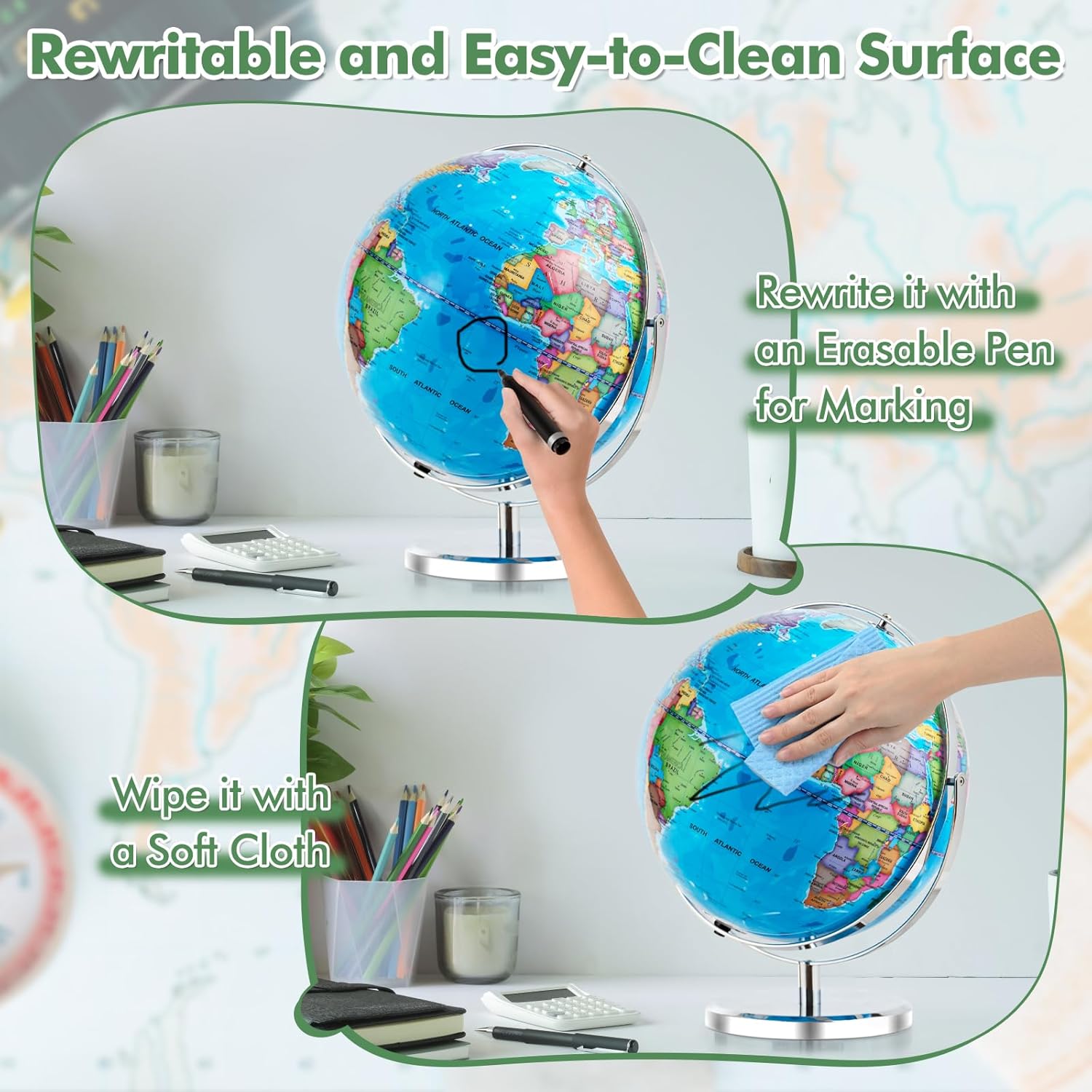 COSTWAY Illuminated World Globe, 13?? Desktop Geographic Globe w/LED Light & Easy-to-Read Clear Map for Students, 720?? Rotation Decorative Globe, Educational Interactive Globe for School, Classroom - Image 5