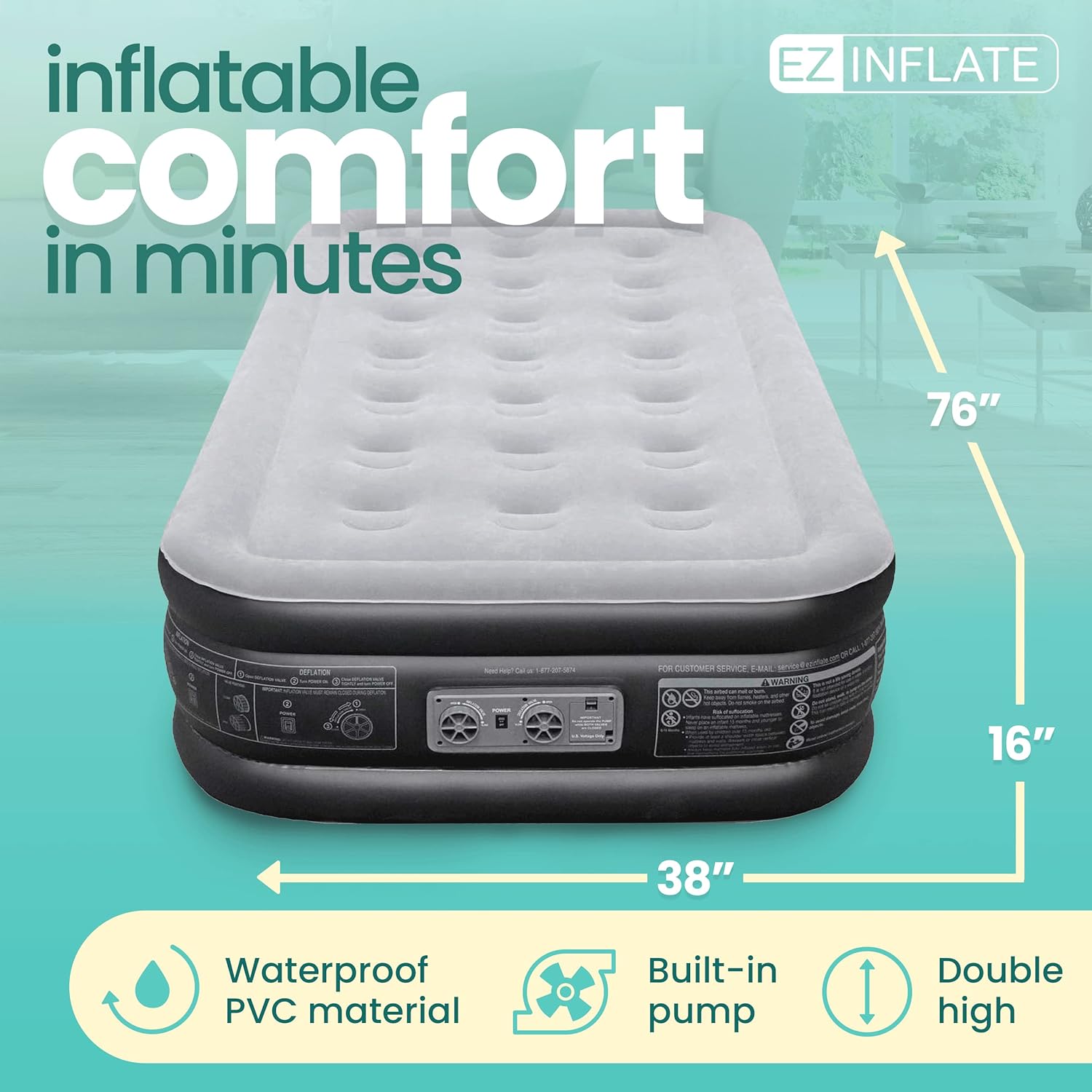 EZ Inflate Air Mattress with Built in Pump – Twin Size Double-High Inflatable Mattress with Flocked Top – Easy Inflate, Waterproof, Portable Blow Up Bed for Camping & Travel - Image 2