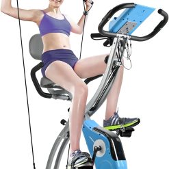 SALEMFIT Folding Stationary Bike, Magnetic Upright Bike Indoor Workout Exercise Cycle Bike with Front & Back Arm Resistance Bands LCD Monitor Pulse Sensor Phone Holder Backrest, For ?Home Workout Total Body Gym
