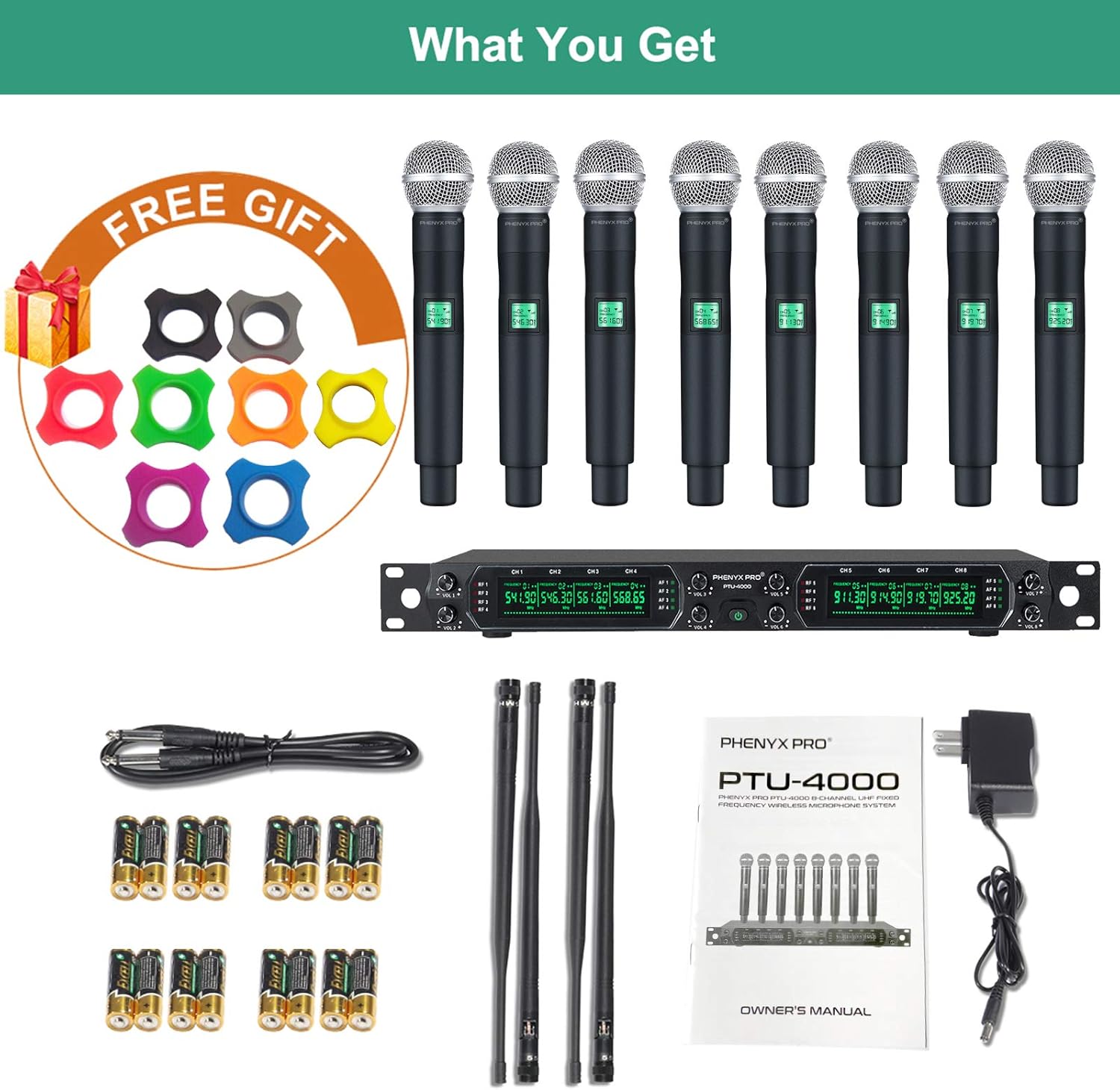 Wireless Microphone System, Phenyx Pro 8-Channel UHF Cordless Mic Set with Eight Handheld Mics, Fixed Frequency, All Metal Build, Long Range 260ft, Ideal for Karaoke,Church,Events (PTU-4000A) - Image 6