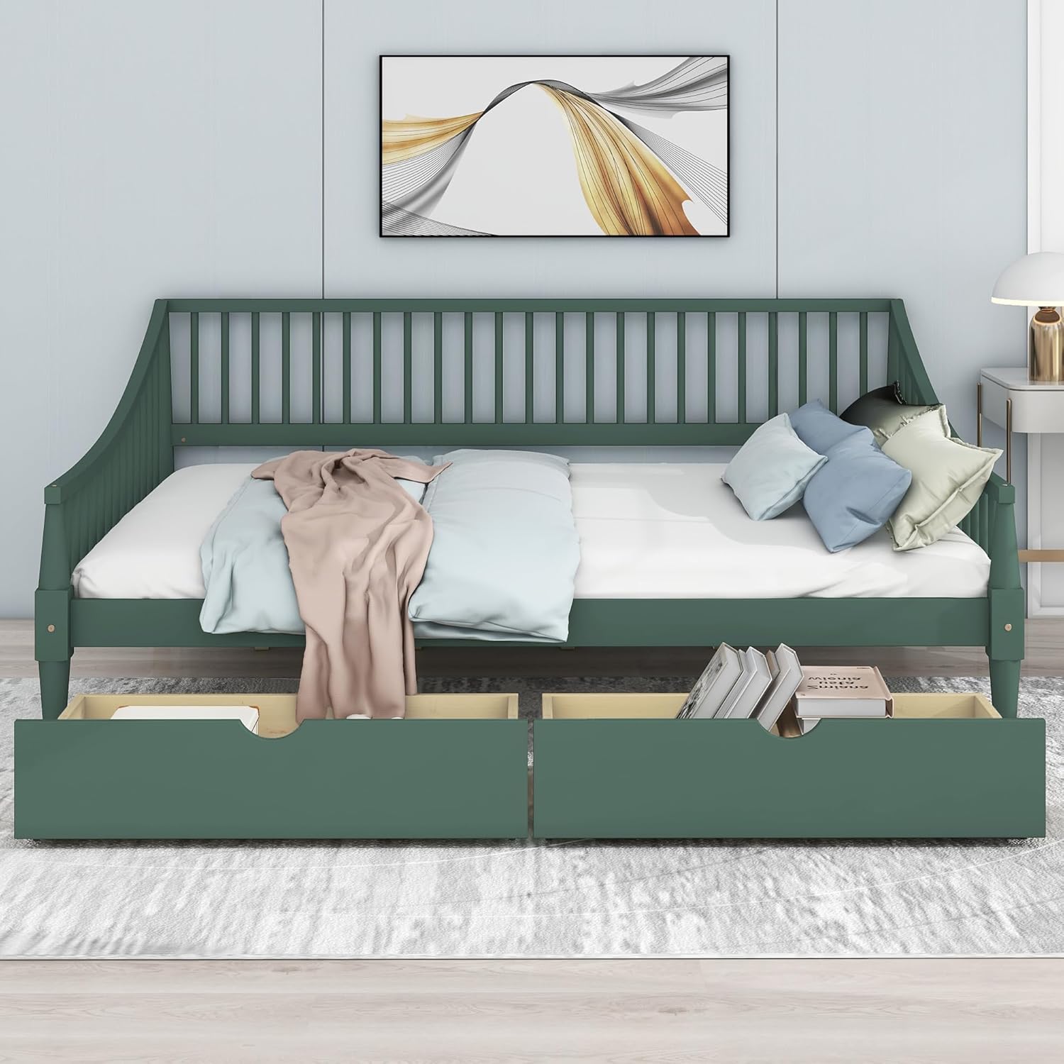 Full Size Wooden Daybed with 2 Storage Drawers and Wood Support Legs, Multi-Functional Full Day Bed wtih Rails on 3 Sides for Bedroom, Living Room and Guestroom, Green - Image 3