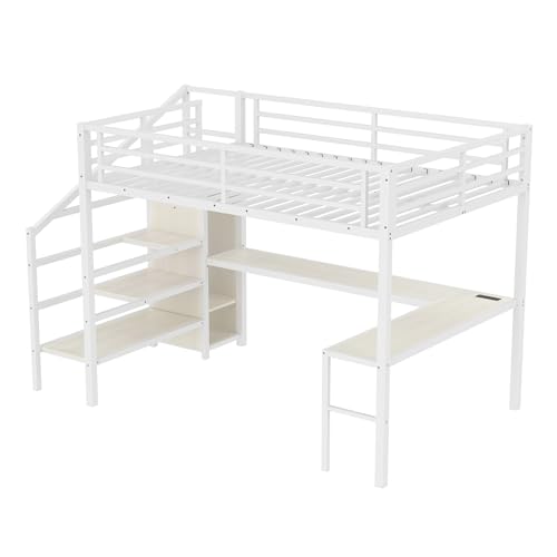SOFTSEA Queen Size Metal Loft Bed with L-Shaped Desk and Wardrobe, Metal Bed Frame with USB and Adjustable Shelf, High Loft Bed with LED for Bedroom, No Box Spring Needed, White Wood Grain - Image 5