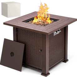 SINGLYFIRE 28 Inch Propane Fire Pit Table Square 2 in 1 Fire Table 50,000 BTU with Cover, Lid and 6.6lbs Lava Rock,Gas Fire Pit Table for Outside Patio, Garden, Backyard, Deck, Brown (SGFP-001C)