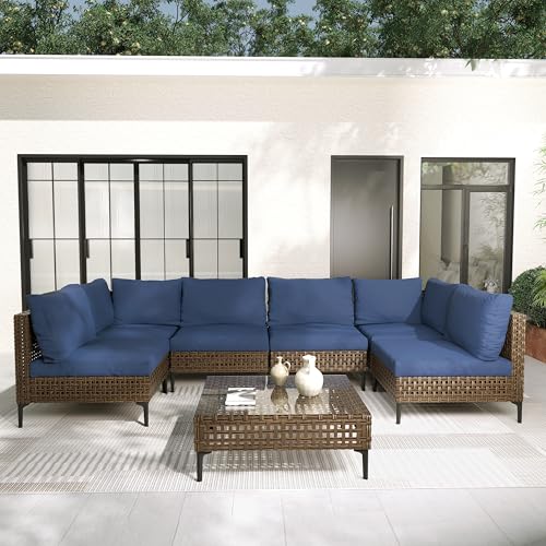Grand patio 7-Piece Wicker Patio Furniture Set, Boho Outdoor Conversation Set Sectional Sofa with Water Resistant Thick Cushions and Coffee Table, Cream - Image 41