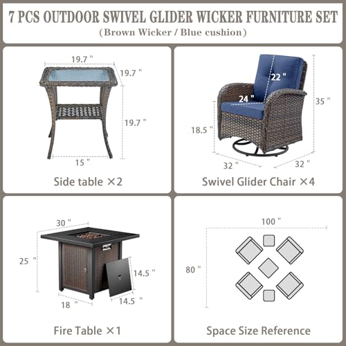 Patio Wicker Chairs Swivel Rocker – Outdoor Swivel Rocking Chairs Set of 2 with Rattan Side Table, Patio Swivel Glider Chair 3 Piece Patio Furniture Sets for Deck Porch Pool Brown/Blue - Image 85