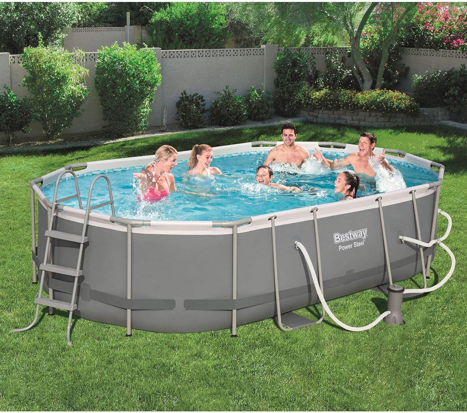 Bestway 56655E Power Steel 16ft x 10ft x 42in Outdoor Oval Frame Above Ground Swimming Pool Set with 1000 GPH Cartridge Filter Pump, Ladder, and Cover - Image 3