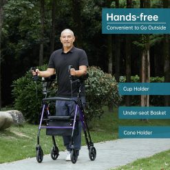 Alternative view of ELENKER Upright Walker, Stand Up Rollator Walker with Padded Seat and Backrest, Compact Folding, Fully Adjustment Frame for Seniors, Purple