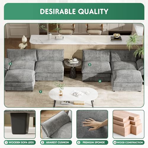 YESHOMY Sectional Modular Sofa U Shaped Chenille Fabric Couch with High Supportive & Soft Sponges and Removable Ottoman, Sleeper Comfy Upholstered Furniture for Living Room, Grey - Image 15