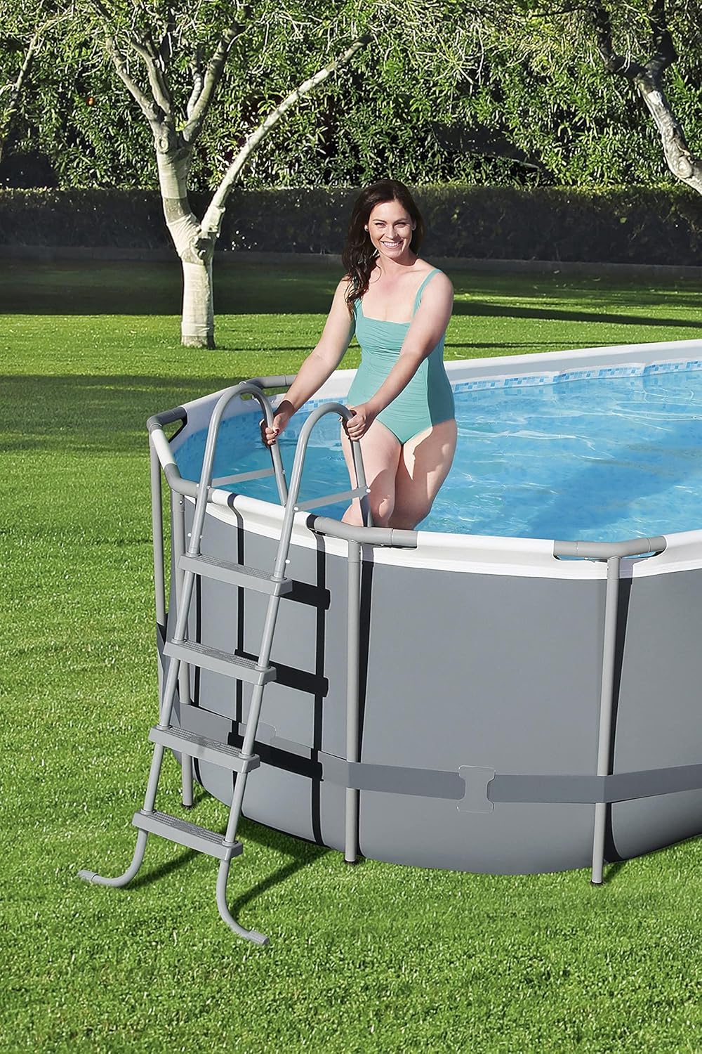 Bestway 56655E Power Steel 16ft x 10ft x 42in Outdoor Oval Frame Above Ground Swimming Pool Set with 1000 GPH Cartridge Filter Pump, Ladder, and Cover - Image 24