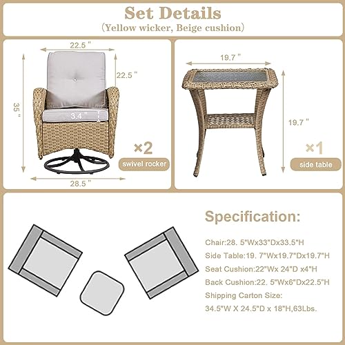 Patio Wicker Chairs Swivel Rocker – Outdoor Swivel Rocking Chairs Set of 2 with Rattan Side Table, Patio Swivel Glider Chair 3 Piece Patio Furniture Sets for Deck Porch Pool Brown/Blue - Image 221