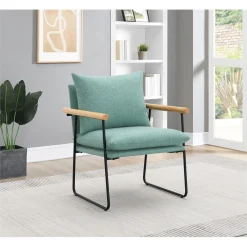 Alternative view of Dutton Armchair in Sage Green Fabric with Natural Arms and Black Sled Base