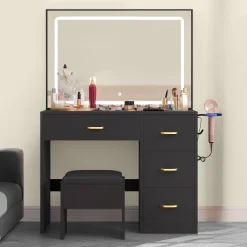 Dextrus Charcoal Black Makeup Vanity Table with Large Mirror and LED Lights – Stylish and Functional for Women Girls, Charcoal Black