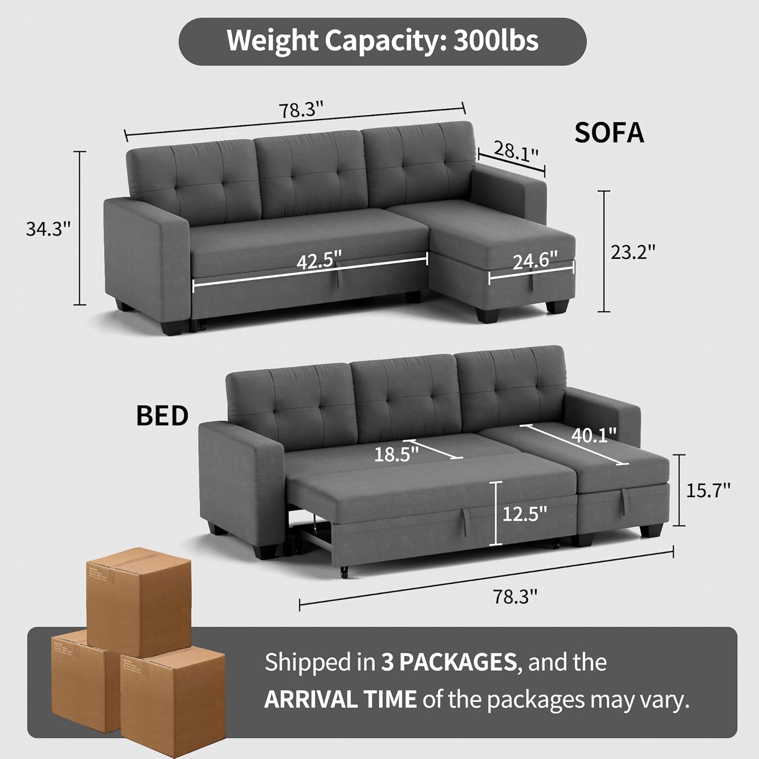 Sleeper Sofa Pull Out Couch with Storage Chaise Lounge Convertible Sectional Sofa L-Shape Modern Fabric Sofa Bed for Living Room, Apartment, Small Spaces, Dark Gray - Image 2