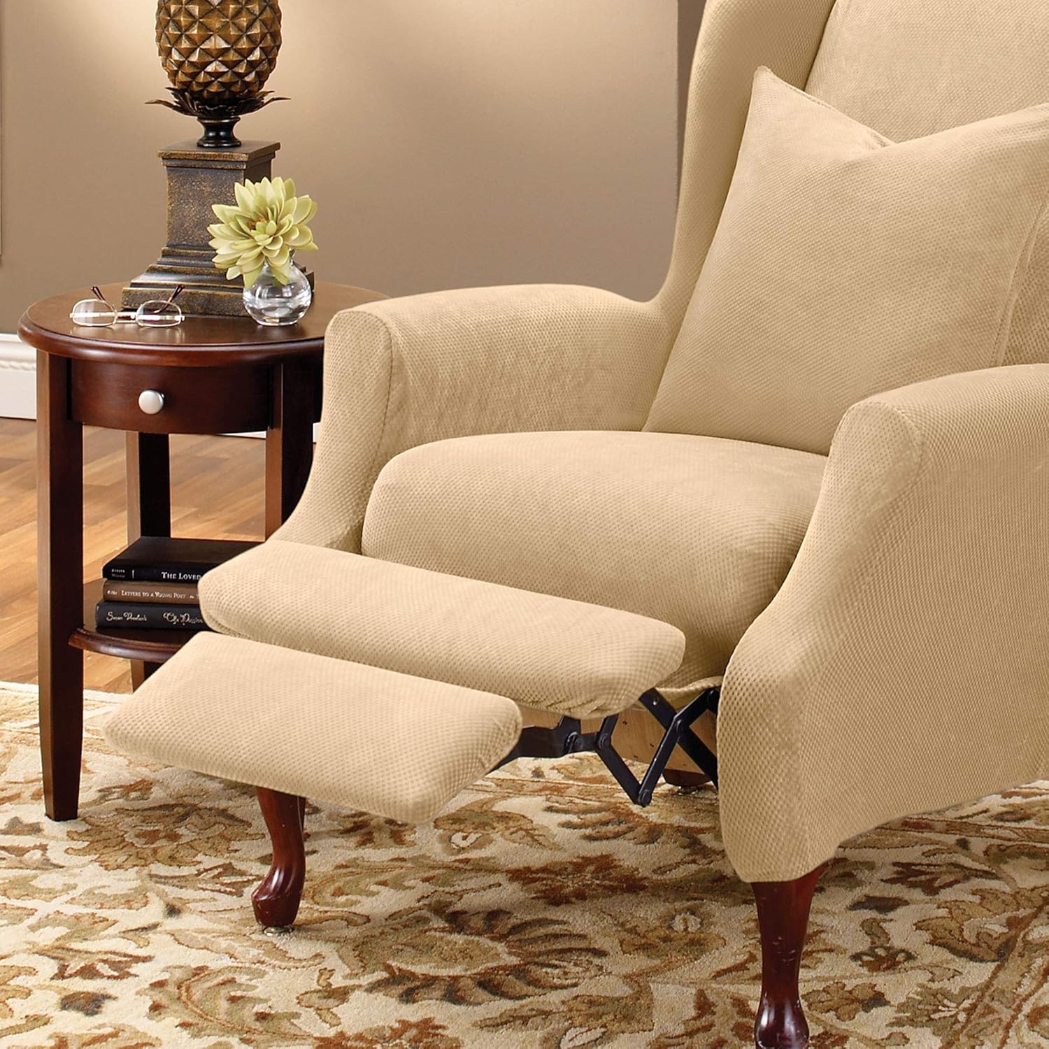 SureFit Home D??cor SF38684 Stretch Pique Box Cushion Recliner Wingback Chair Slipcover, Form Fit, Polyester/Spandex, Machine Washable, Two Piece, Cream Color - Image 7