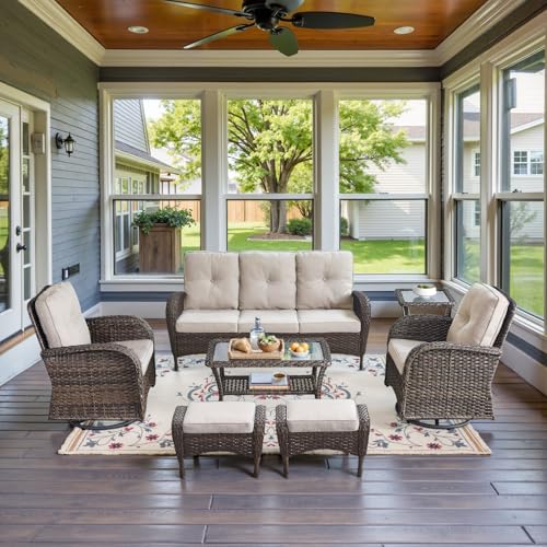 Patio Wicker Chairs Swivel Rocker – Outdoor Swivel Rocking Chairs Set of 2 with Rattan Side Table, Patio Swivel Glider Chair 3 Piece Patio Furniture Sets for Deck Porch Pool Brown/Blue - Image 163