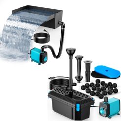 POPOSOAP Pond Waterfall Box and Pond Filter Box with Pump Kit, Pond Spillway with 9.8FT Corrugated Tubing, Koi Pond Pump and Filter Kit for Outdoor Ponds Clean, Clear, and Add Water Features