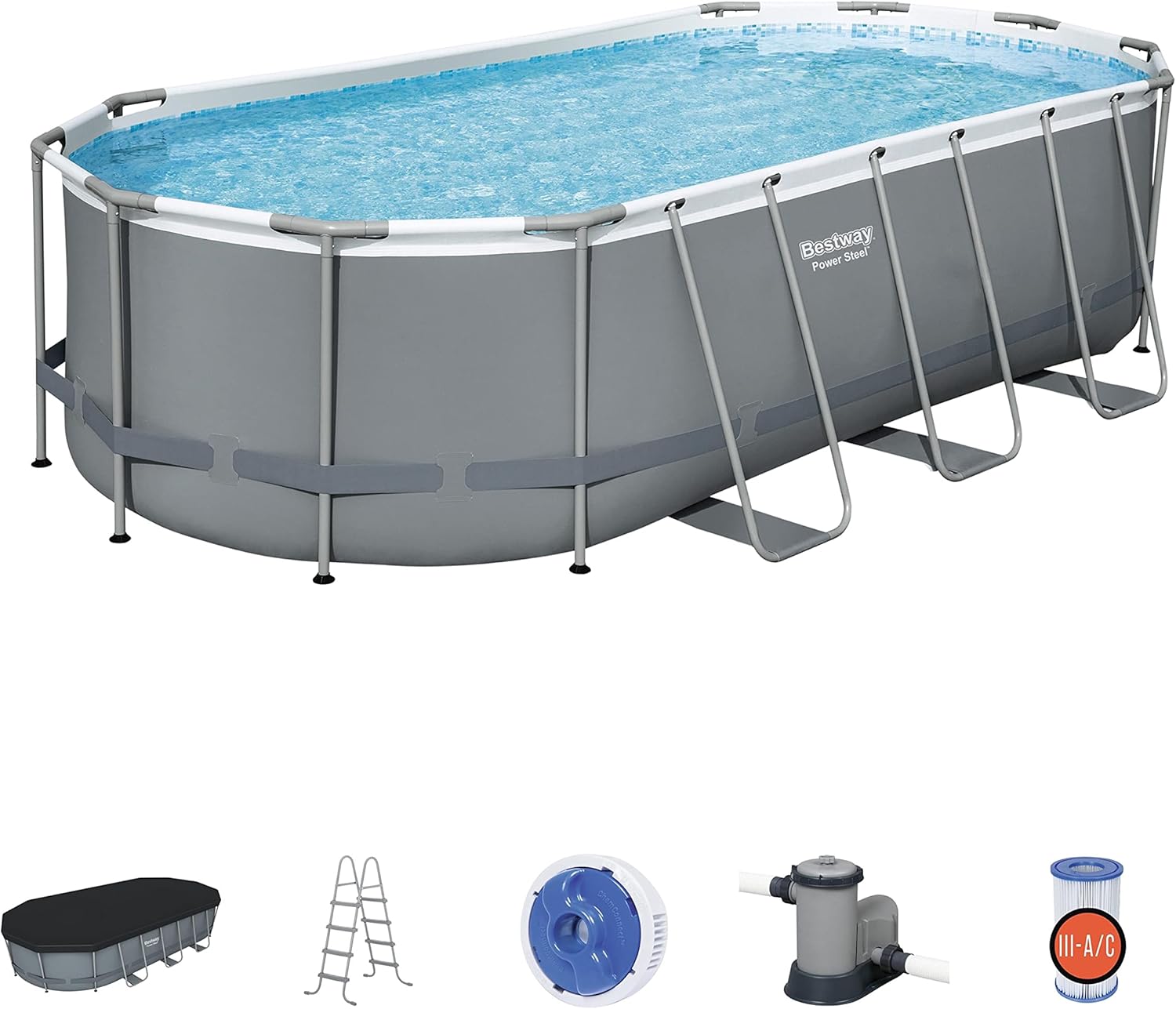 Bestway 56655E Power Steel 16ft x 10ft x 42in Outdoor Oval Frame Above Ground Swimming Pool Set with 1000 GPH Cartridge Filter Pump, Ladder, and Cover - Image 22