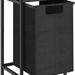 Black Laundry Hamper Basket with Removable Bag and Brown Wood Shelf