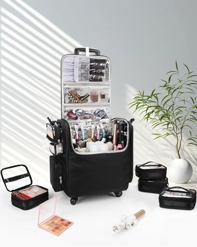 Relavel Rolling Makeup Train Case, Hairstylist Traveling Bag with 4 Wheels, Heat Insulation Full Layer, Adjustable Dividers, Hair Tools and Cosmetics Storage Organizer Trolley Suitcase Makeup Cart - Image 2