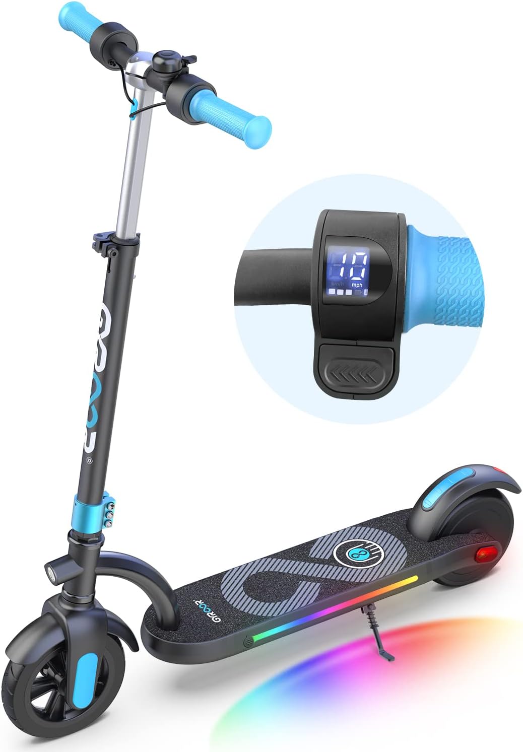 Gyroor Kids Electric Scooter, with 200W Motor & LED Visible Display, Colorful Lights, Adjustable Speed and Height, 10 Mph & 10 Miles Range Electric Scooter, Electric Scooter for Kids Ages 8-12