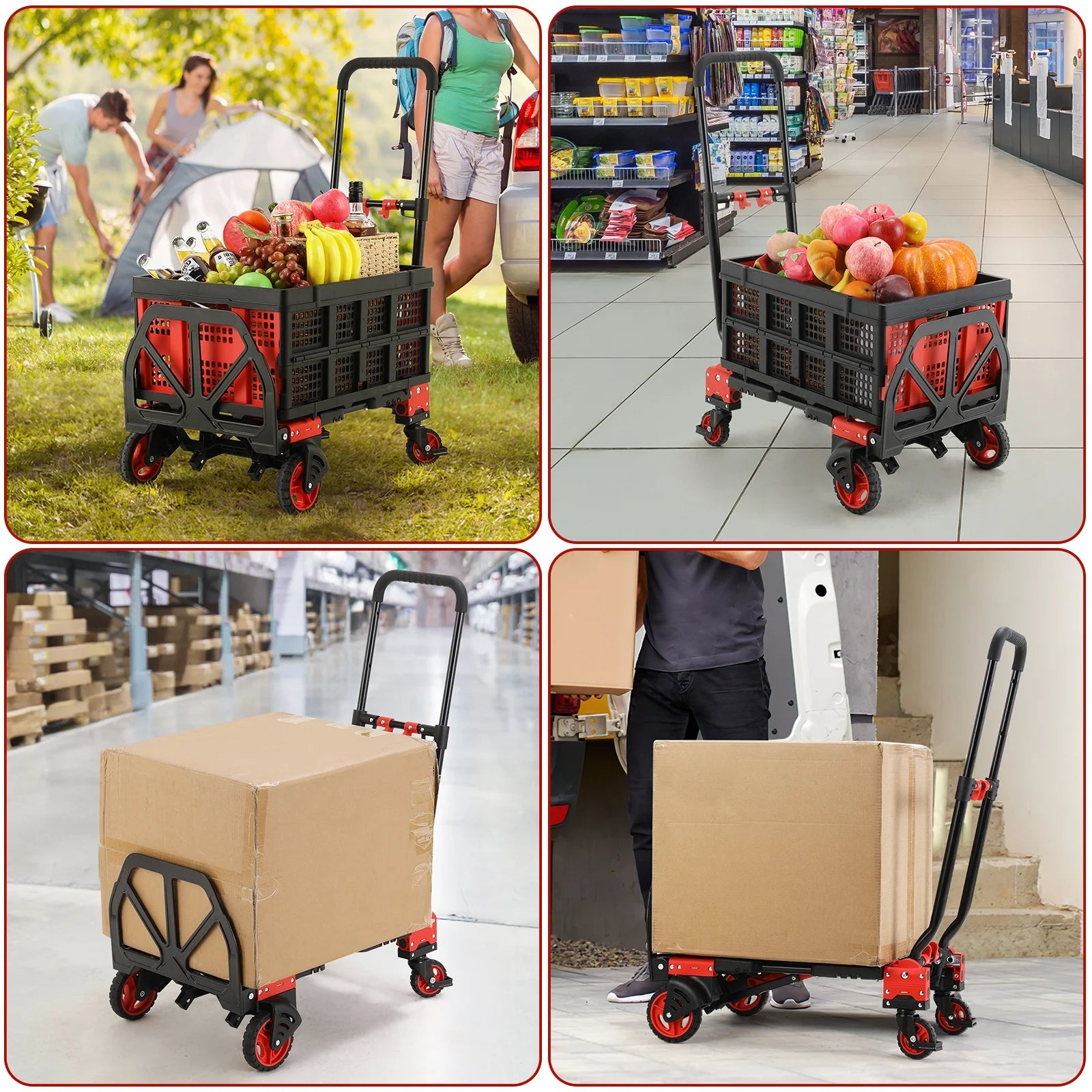 LAZY BUDDY Folding Hand Truck Dolly, 2-in-1 Heavy-duty Platform Cart with 22 Folding Basket, Collapsible Utility Luggage Dolly Cart, Red, 330LBS - Image 5