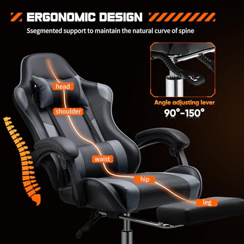 DUMOS Ergonomic Gaming Desk Chair – PU Leather Recliner with Footrest, Lumbar Support, Headrest, Fixed Armrests, Height Adjustable, 360?? Swivel, Grey, for Adults - Image 4