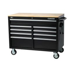 Husky 46 in. W x 24.5 in. D 9-Drawer Mobile Workbench with Solid Wood Top in